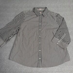 Chico's Black and White Striped and Checkered 3/4 Sleeve Button Front Shirt